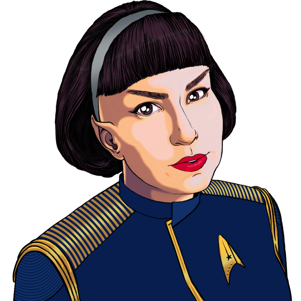 Carla Donnelly in blue and gold Discovery-era Starfleet captain's uniform.